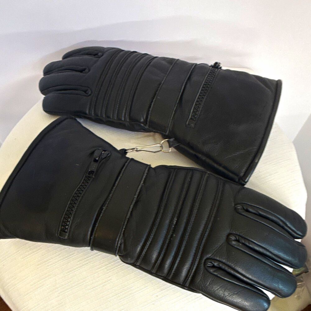 Black Leather Winter Wrist Gloves w/ Zipper, Solid, Unisex Adults Size S